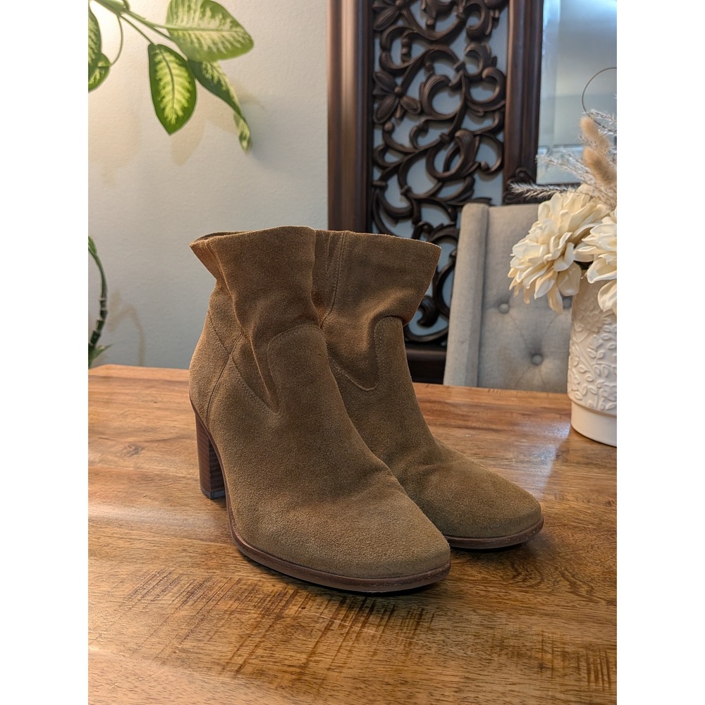 Lucky Brand Jozelyn Tan Brown Suede Slouchy Block Heel Ankle Boots Womens 7.5 M